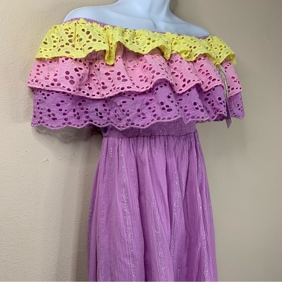 NEW Sundress Ruffle Lace Maxi Dress Pastel Strapless Purple Pink Yellow Vibrant - Picture 7 of 13